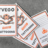 Tarjetas de visita impresas en risografía en naranja y negro para el tatuador Fuego